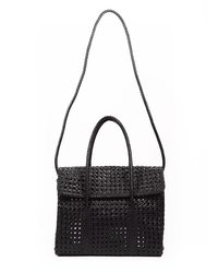 The Maison N.H Paris Violette Petit Cuir Flap Bag in black is shown upright against a white background, featuring two short handles and a long shoulder strap.