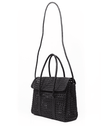 The Violette Petit Cuir Flap Bag in Black by Maison N.H Paris features a long shoulder strap and two short handles, showcased against a white background—a stylish nod to the brand's signature craftsmanship.