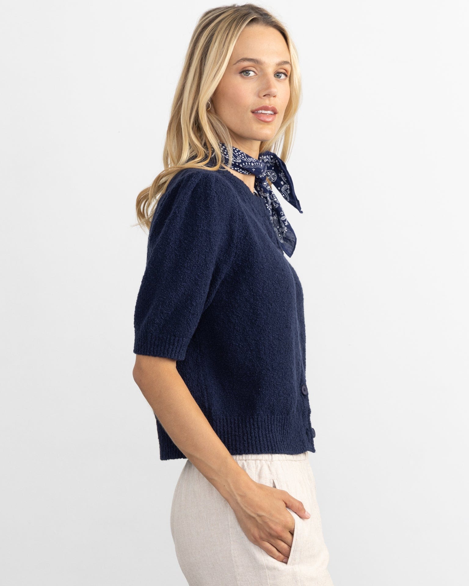 Margaret O'Leary Pleat Sleeve Cardi in Navy