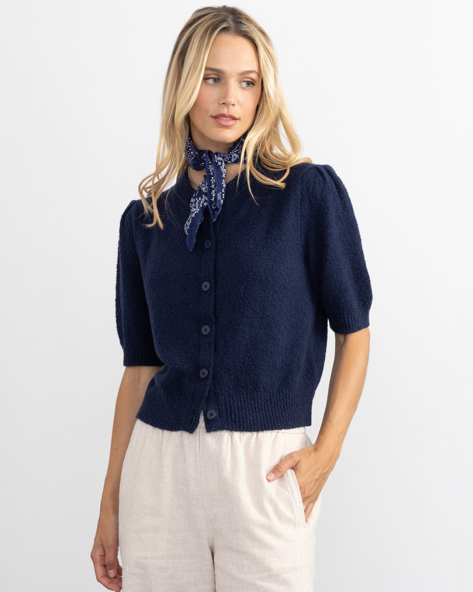 Margaret O'Leary Pleat Sleeve Cardi in Navy