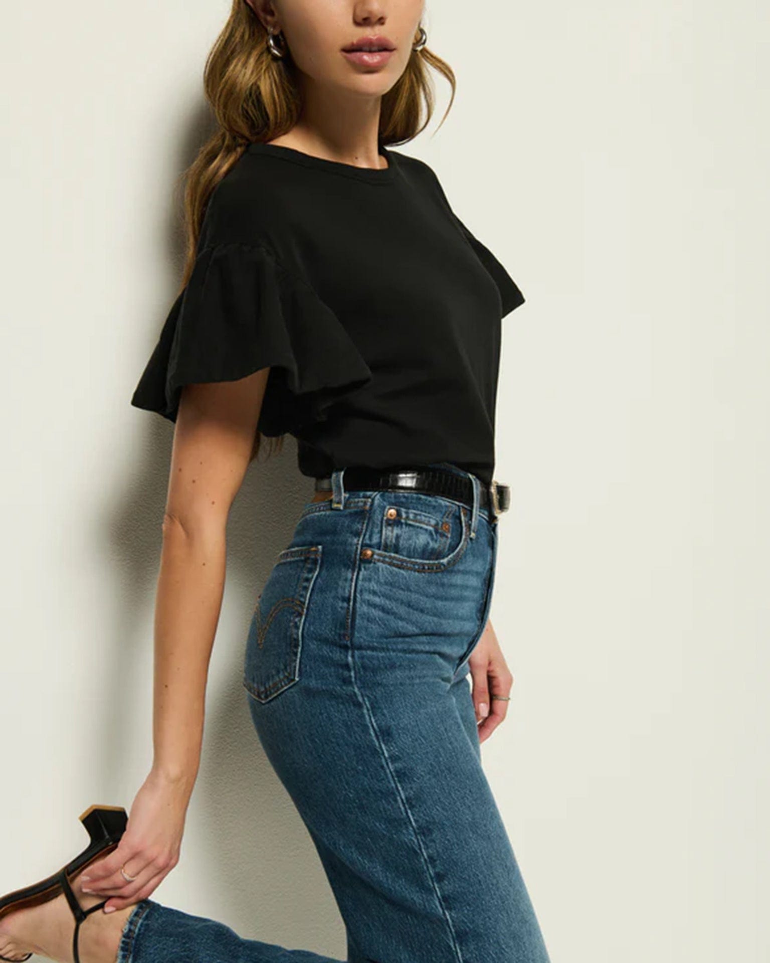 Nation LTD Camille Ruffle Sleeve Top in Jet Black