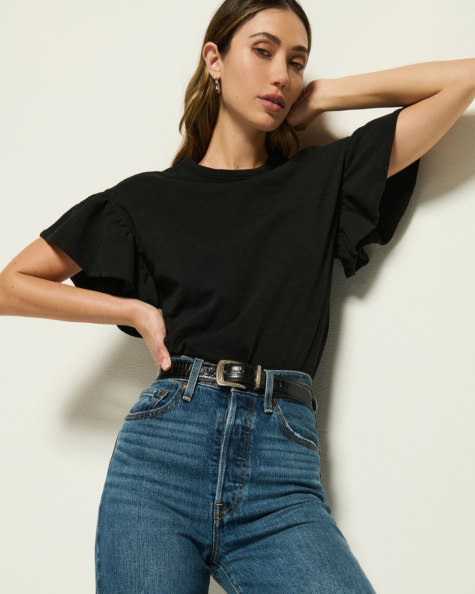 Nation LTD Camille Ruffle Sleeve Top in Jet Black