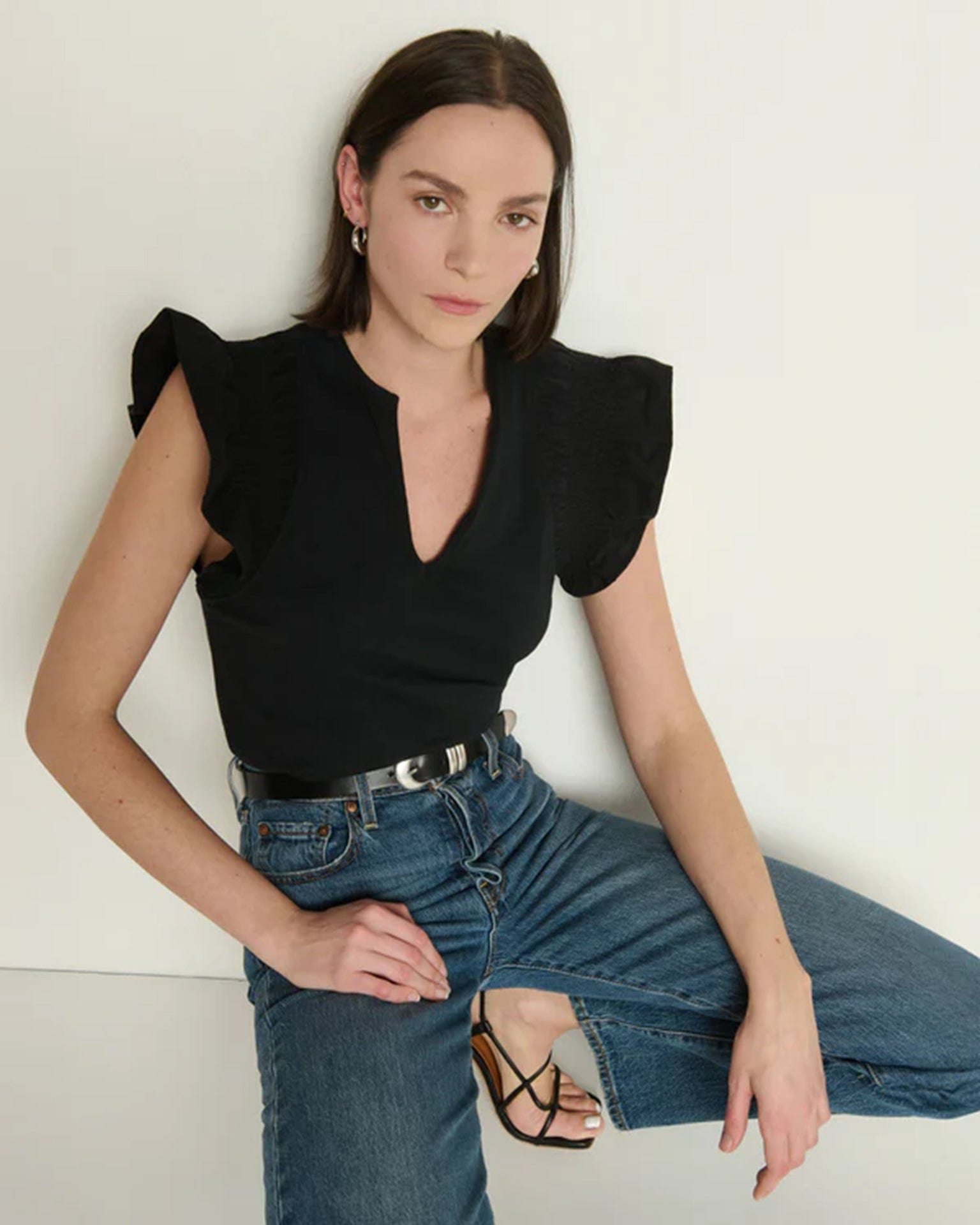 Nation LTD Christa Ruffle Sleeve Top in Jet Black