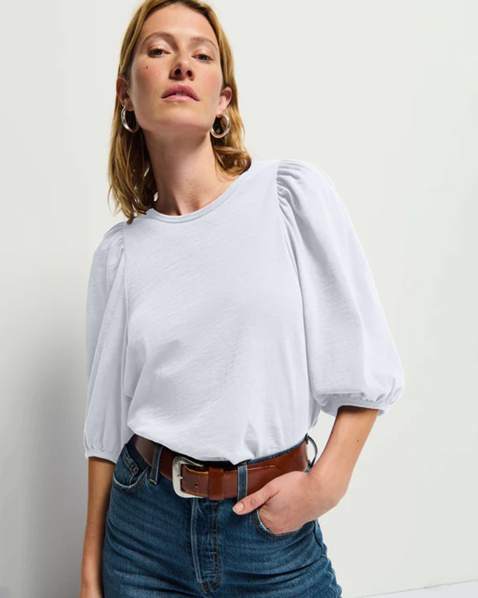 Nation LTD Evita Balloon Sleeve Top in Optic White
