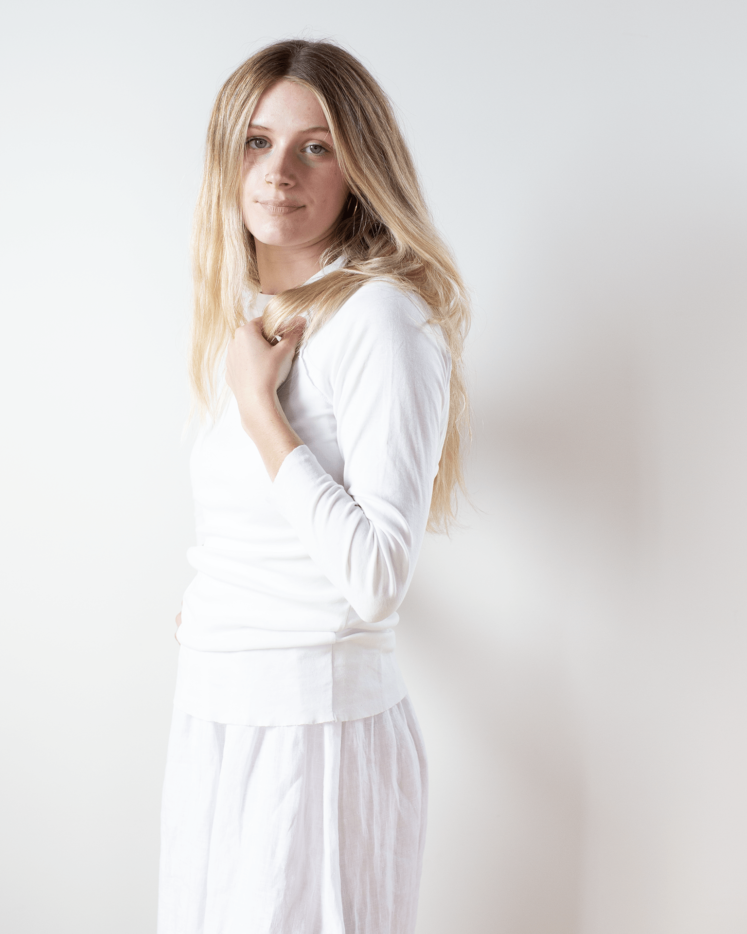 NSF Aria Fitted Rib Raglan Crew T in Chalk