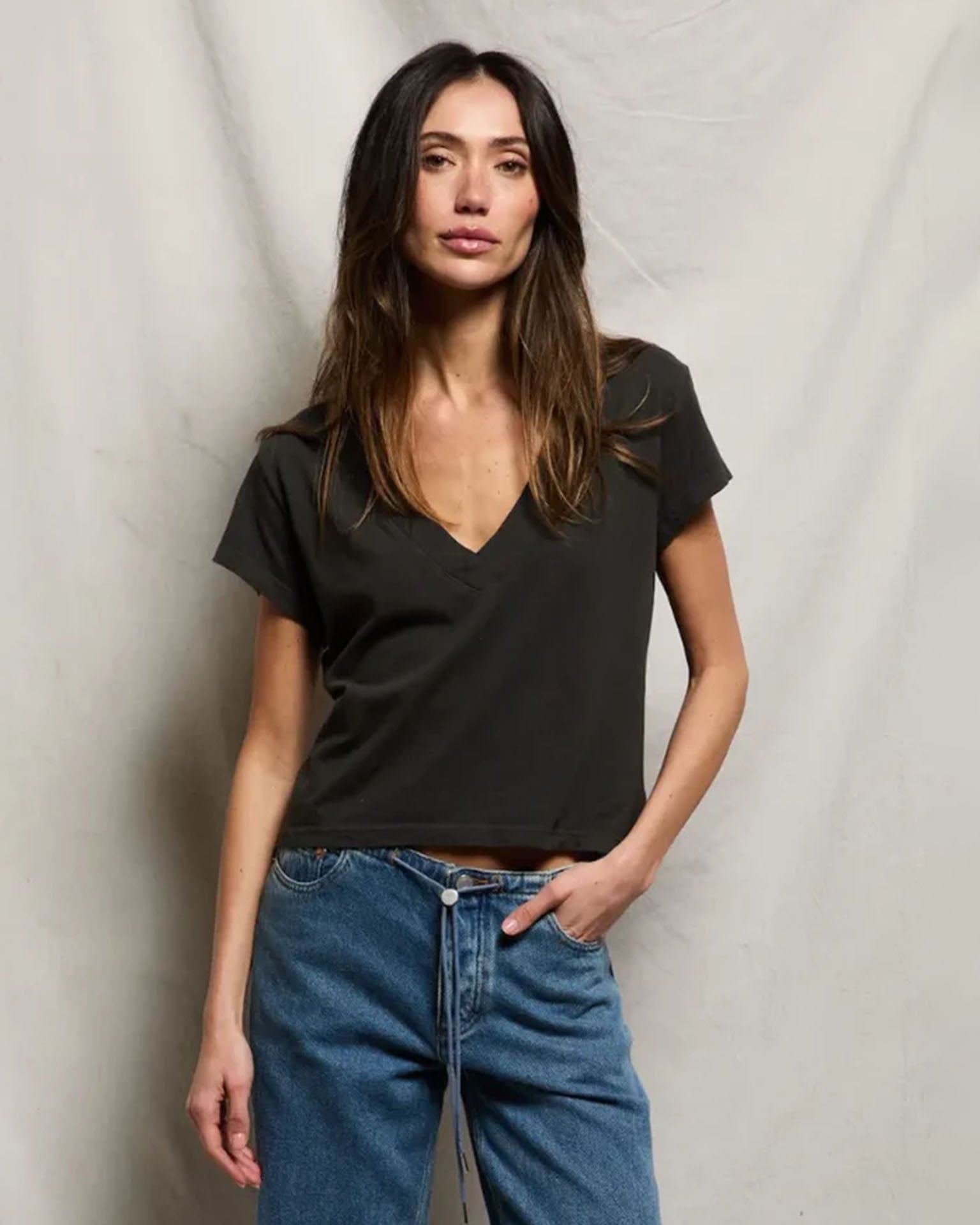 Alanis - Recycled Cotton V Neck in Vintage Black