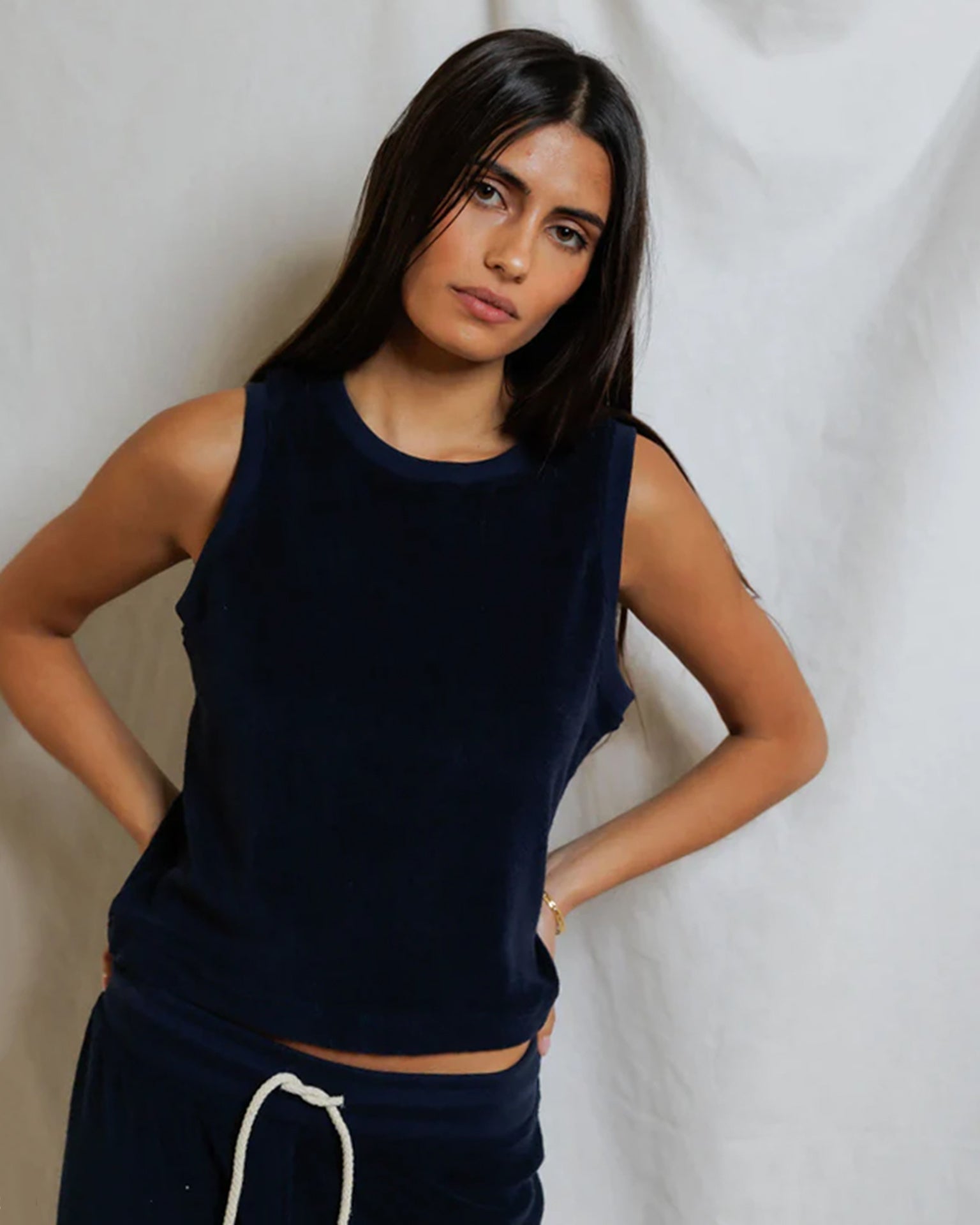 Esther - Loop Terry High Neck Crop Tank in Navy