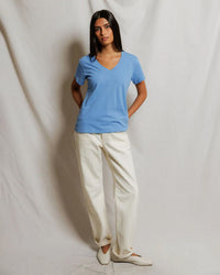 perfectwhitetee Hendrix - Cotton Short Sleeve Boxy V Neck Tee in Pacific Blue 2 - Bliss Boutiques