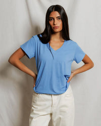 perfectwhitetee Hendrix - Cotton Short Sleeve Boxy V Neck Tee in Pacific Blue 1 - Bliss Boutiques