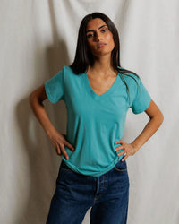 perfectwhitetee Hendrix - Cotton Short Sleeve Boxy V Neck Tee in Teal Blue 3 - Bliss Boutiques
