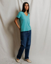 perfectwhitetee Hendrix - Cotton Short Sleeve Boxy V Neck Tee in Teal Blue 4 - Bliss Boutiques