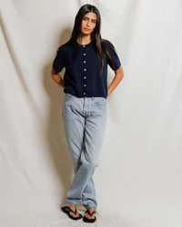 perfectwhitetee Maude - Cotton Short Sleeve Cardigan in Navy 2 - Bliss Boutiques