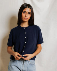 perfectwhitetee Maude - Cotton Short Sleeve Cardigan in Navy 1 - Bliss Boutiques