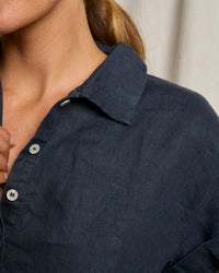 perfectwhitetee Tabitha - Linen 1/4 Button Down Collared Tee in Navy 4 - Bliss Boutiques