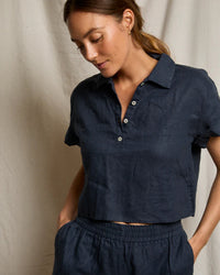 perfectwhitetee Tabitha - Linen 1/4 Button Down Collared Tee in Navy 2 - Bliss Boutiques