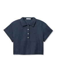 perfectwhitetee Tabitha - Linen 1/4 Button Down Collared Tee in Navy 6 - Bliss Boutiques
