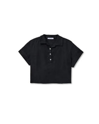 perfectwhitetee Tabitha - Linen 1/4 Button Down Collared Tee in True Black 6 - Bliss Boutiques