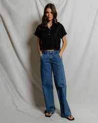 perfectwhitetee Tabitha - Linen 1/4 Button Down Collared Tee in True Black 2 - Bliss Boutiques