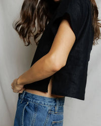 perfectwhitetee Tabitha - Linen 1/4 Button Down Collared Tee in True Black 3 - Bliss Boutiques