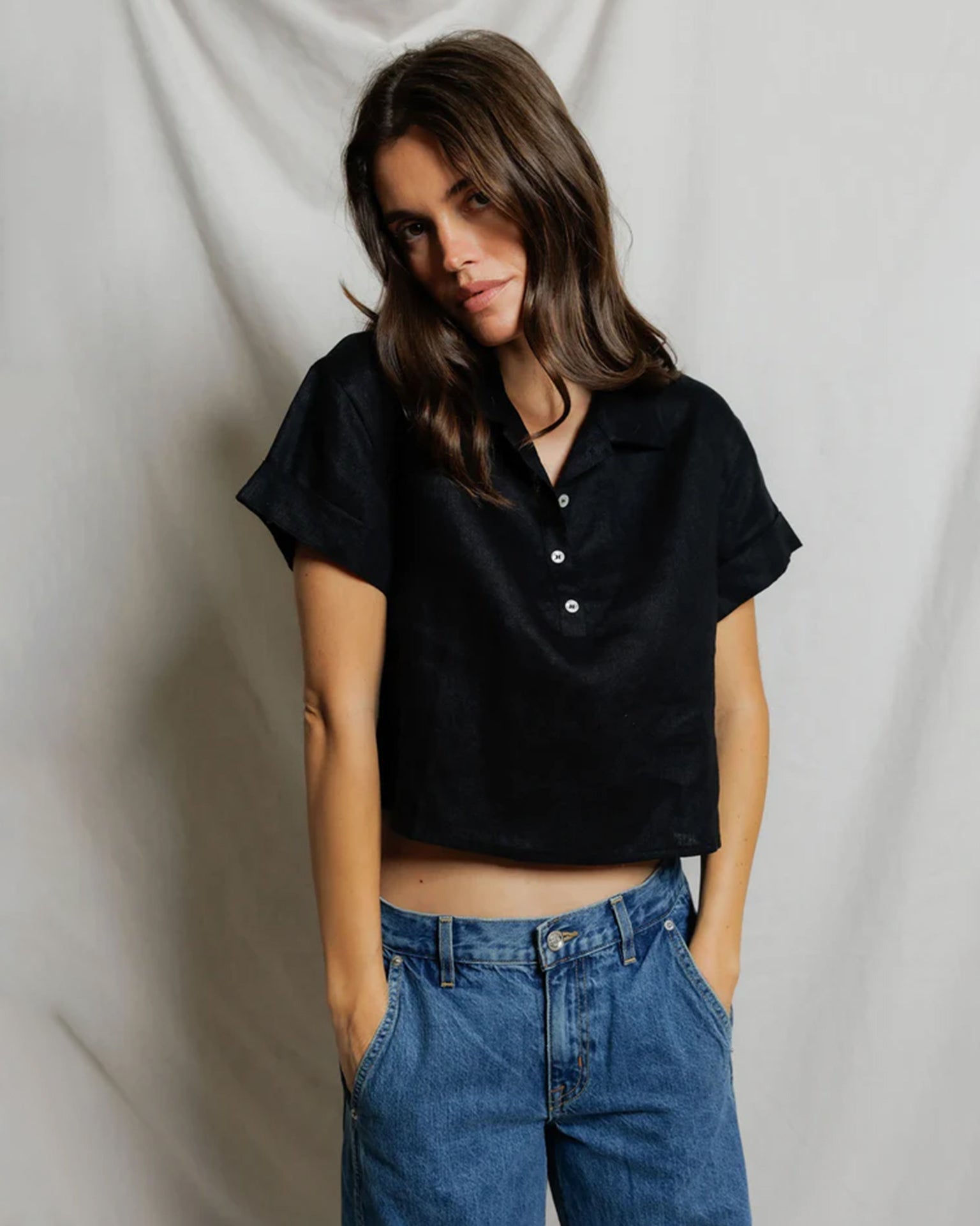 Tabitha - Linen 1/4 Button Down Collared Tee in True Black