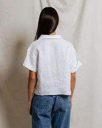 perfectwhitetee Tabitha - Linen 1/4 Button Down Collared Tee in White 5 - Bliss Boutiques