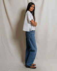 perfectwhitetee Tabitha - Linen 1/4 Button Down Collared Tee in White 4 - Bliss Boutiques