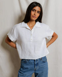 perfectwhitetee Tabitha - Linen 1/4 Button Down Collared Tee in White 1 - Bliss Boutiques