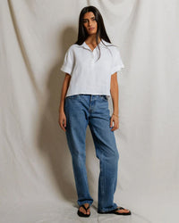 perfectwhitetee Tabitha - Linen 1/4 Button Down Collared Tee in White 2 - Bliss Boutiques