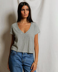 perfectwhitetee Val - Stripe Hemp Milk Cotton V Neck Tee in Natural/ Black Stripe 1 - Bliss Boutiques