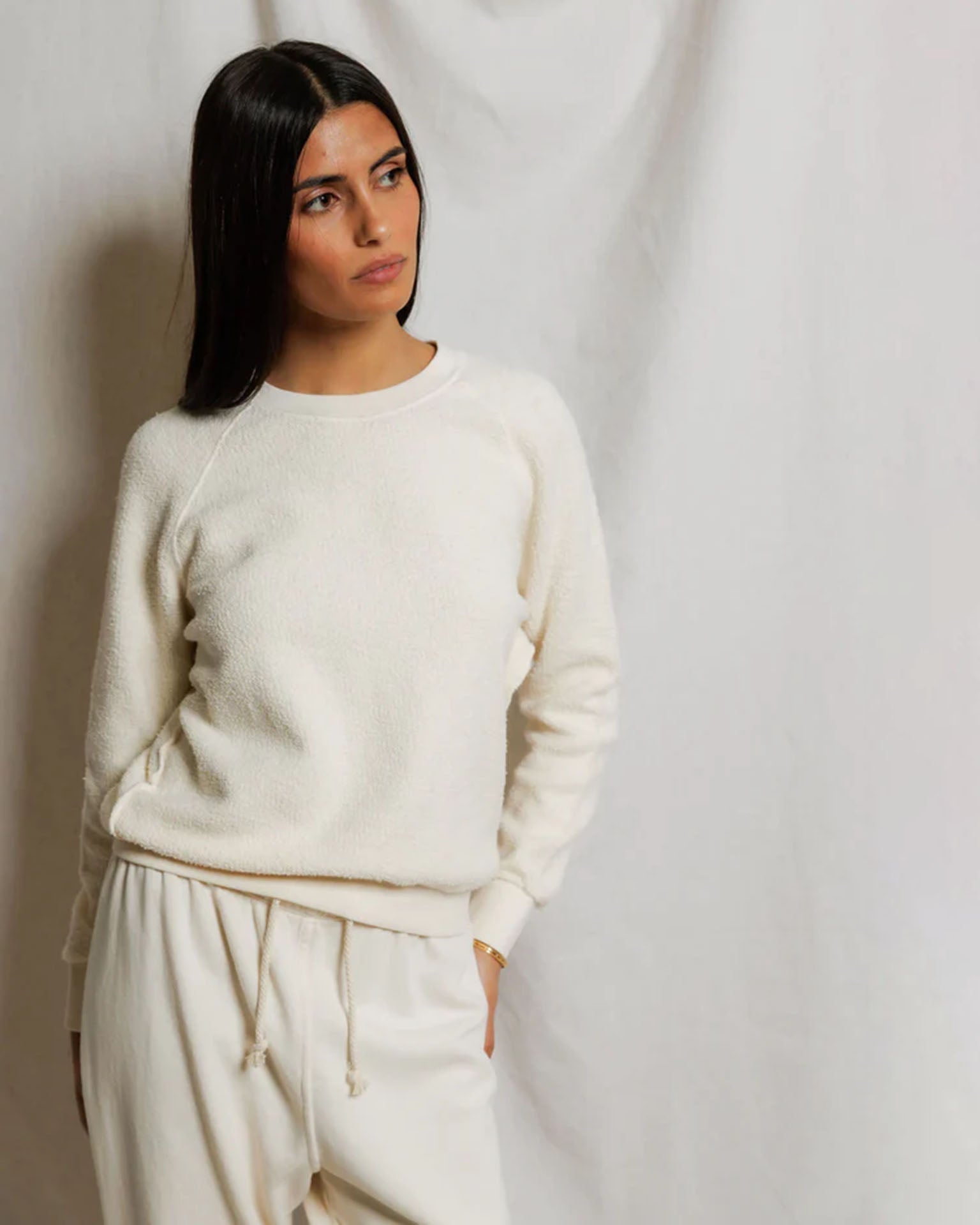Ziggy - Inside Out Fleece Long Sleeve Shrunken Crewneck Sweatshirt in Bright Ivory