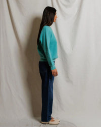 perfectwhitetee Ziggy - Inside Out Fleece Long Sleeve Shrunken Crewneck Sweatshirt in Teal Blue 3 - Bliss Boutiques