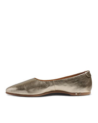 The beek. Swiftlet in Gold is a metallic gold leather ballet flat with a rounded toe, low heel, and memory foam footbed for comfort, shown in profile on a white background.