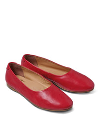 The beek.. Swiftlet in Lipstick ballet flats feature red leather, rounded toes, memory foam footbed, and flat soles, shown side by side on a white background.