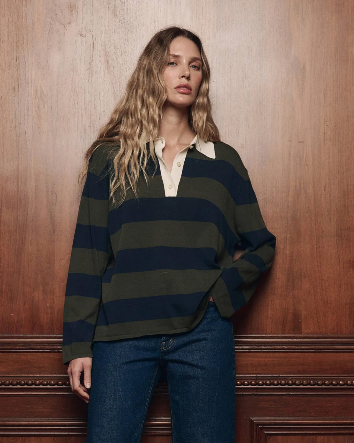 The Academy Polo Sweater in Army League Stripe