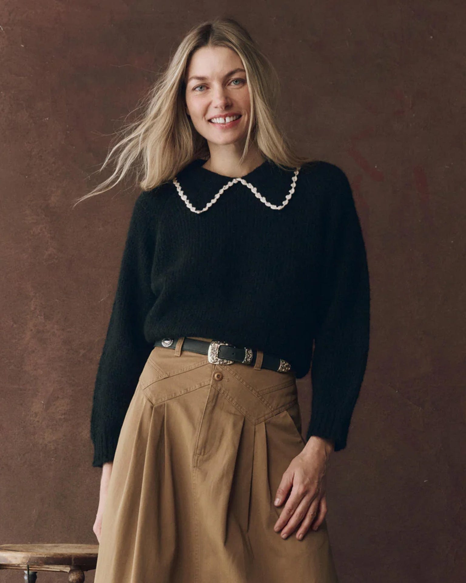 the Great The Crochet Collar Pullover in Black w/ Soft White