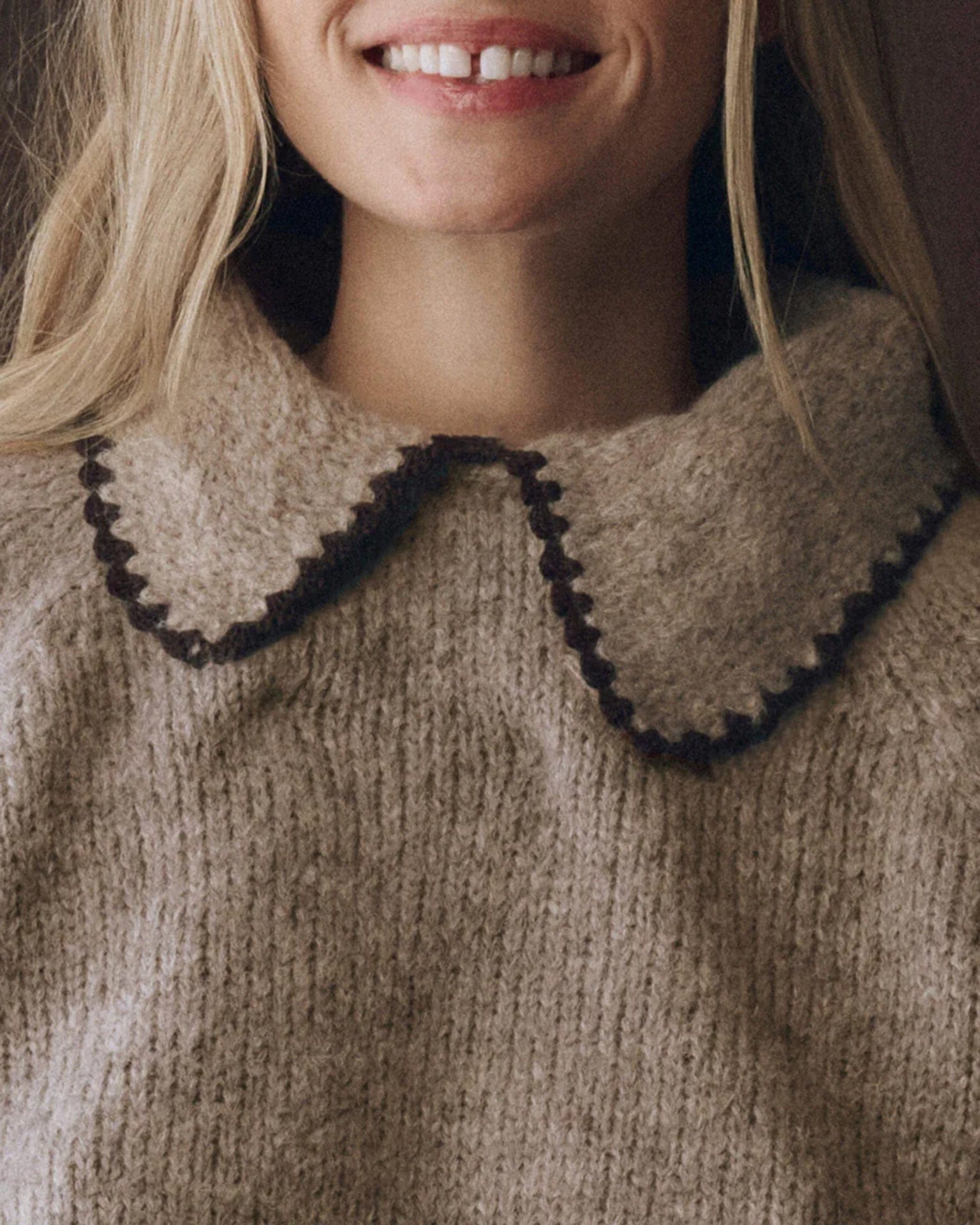 the Great The Crochet Collar Pullover in Oat w/ Brown