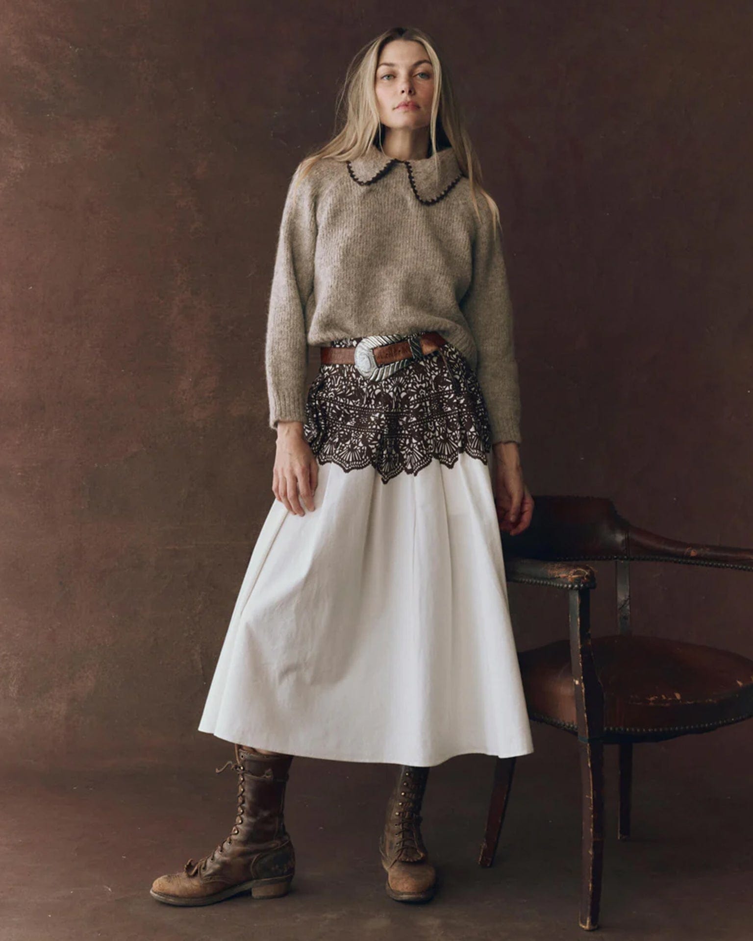 the Great The Crochet Collar Pullover in Oat w/ Brown