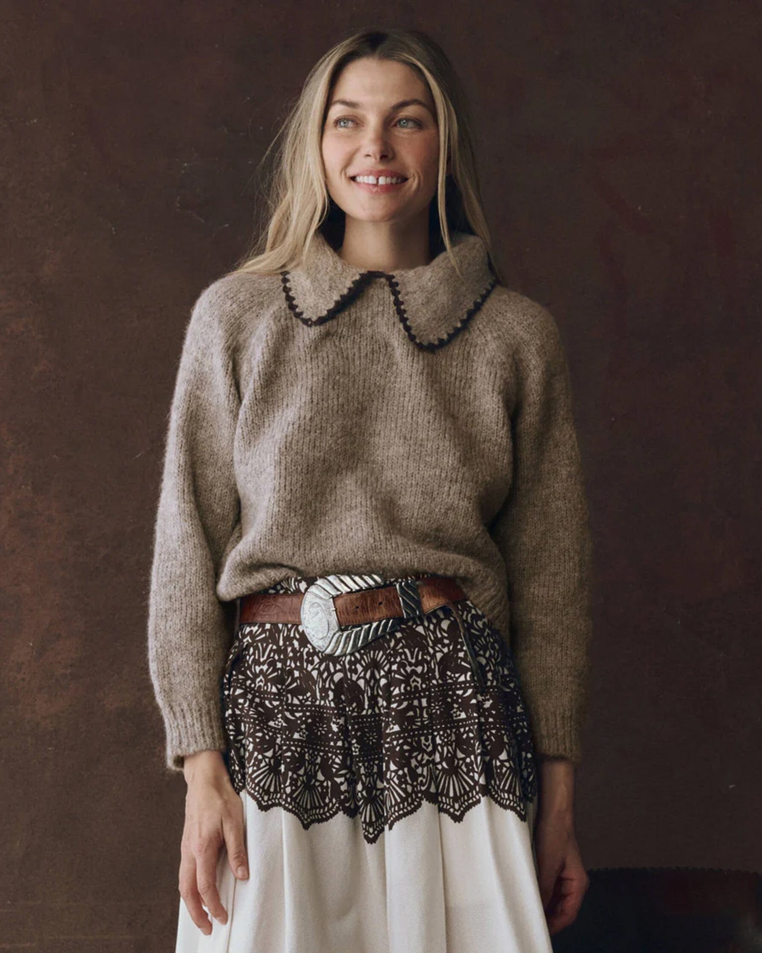 the Great The Crochet Collar Pullover in Oat w/ Brown