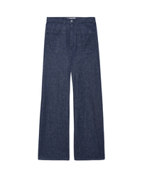The Dock Jean in Rinse Wash by the Great: a dark blue, high-waisted denim sailor jean with wide legs, two large front pockets, and a button-zip closure, shown flat on white. Inspired by the timeless GREAT. Dock Jean style.