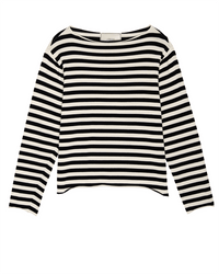 The Sailor Sweater in Black Stripe by the Great, a long-sleeved cotton sweater with horizontal black and white stripes, is laid flat on a white background.