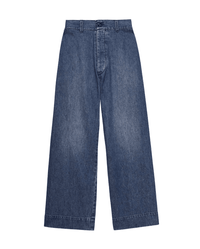 The Seafair Jean in Marina Wash by the Great features a wide-leg silhouette, ultra high-rise waist, button and zip fly closure, and clean blue denim with no visible embellishments or distressing.