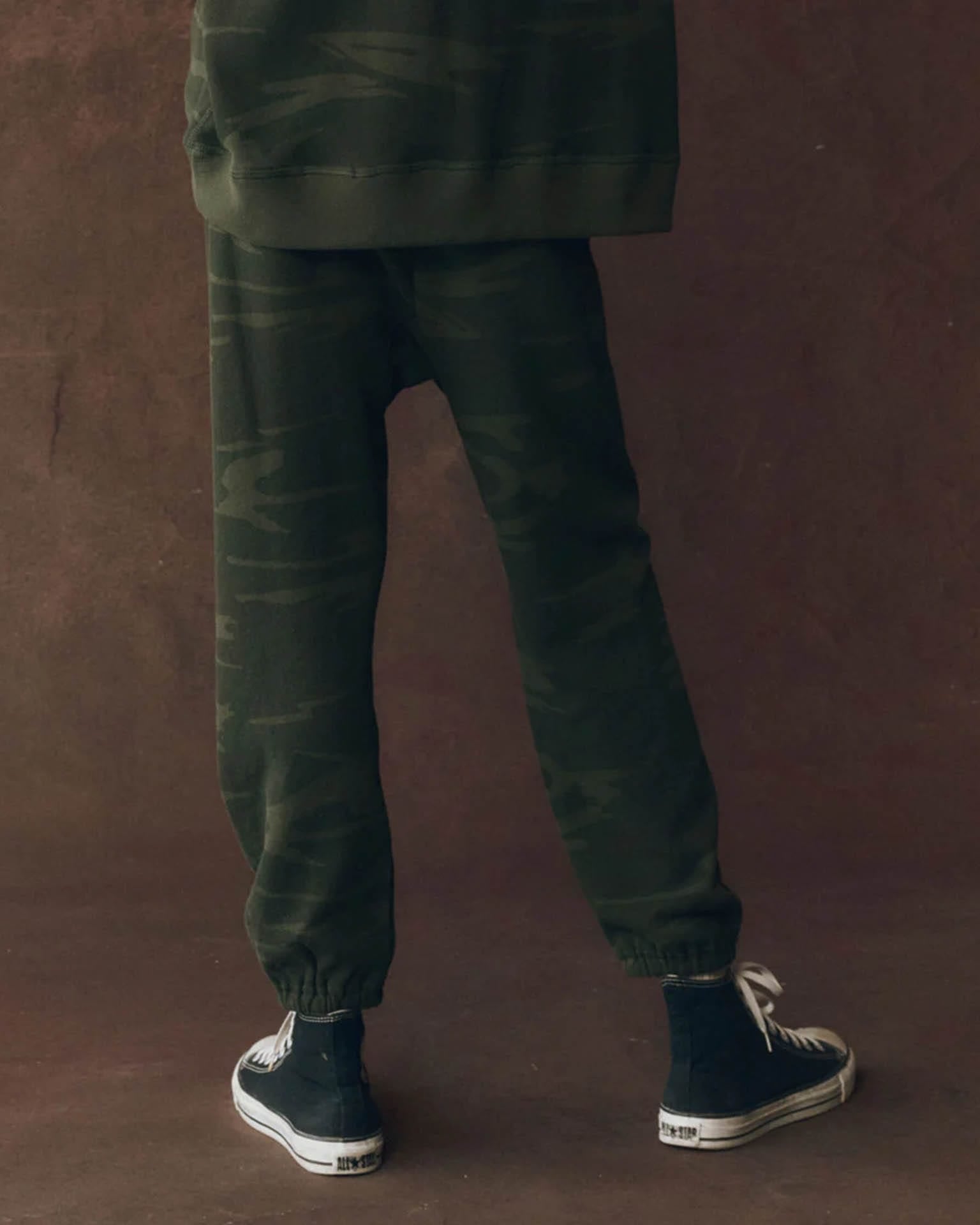 the Great The Stadium Sweatpant in Forest Camo