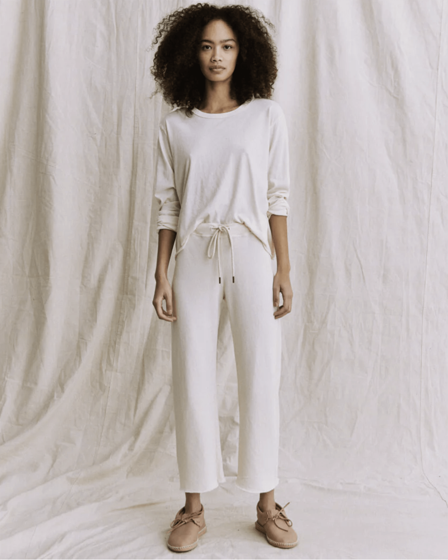 the Great The Wide Leg Cropped Sweatpant in Washed White