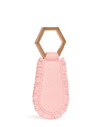 The Fray in Pink by TopTote is a woven keychain featuring frayed edges and a gold hexagonal metal ring—ideal as a stylish handbag accessory.