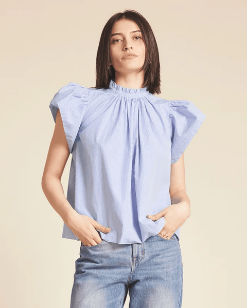 Trovata Birds of Paradis Carla Highneck Shirt in Blue/White Stripe