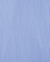 Close-up of blue and white vertical pinstripes on the Helena Shirt in Blue/White Stripe by Trovata Birds of Paradis, featuring a ruffle collar and button-down design for a classic look.