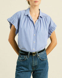 Marianne B Ruffle Slv Shirt in Blue/White Stripe - Bliss Boutiques