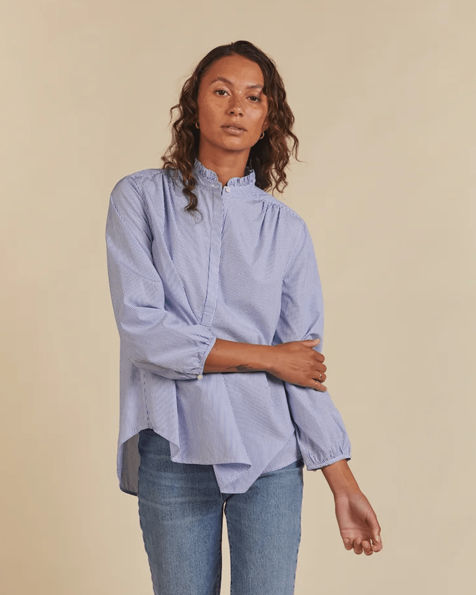 Trovata Birds of Paradis Sara B Henley Shirt in Blue/White Stripe