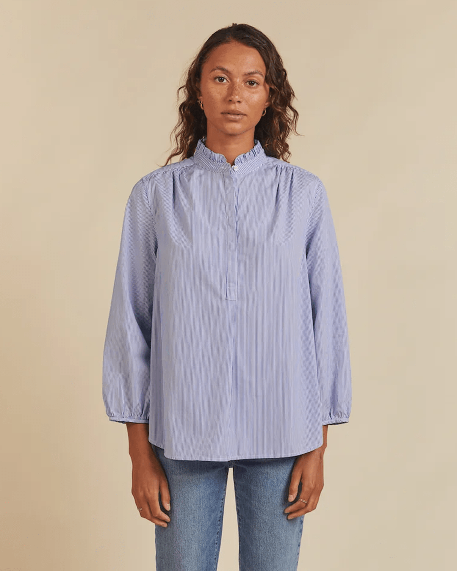 Trovata Birds of Paradis Sara B Henley Shirt in Blue/White Stripe