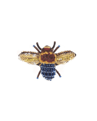 The Trovelore Blue Banded Bee Brooch Pin is a hand-embroidered accessory with sequins and beads in yellow, gold, brown, and blue, resembling a bee with outstretched wings on a white background.